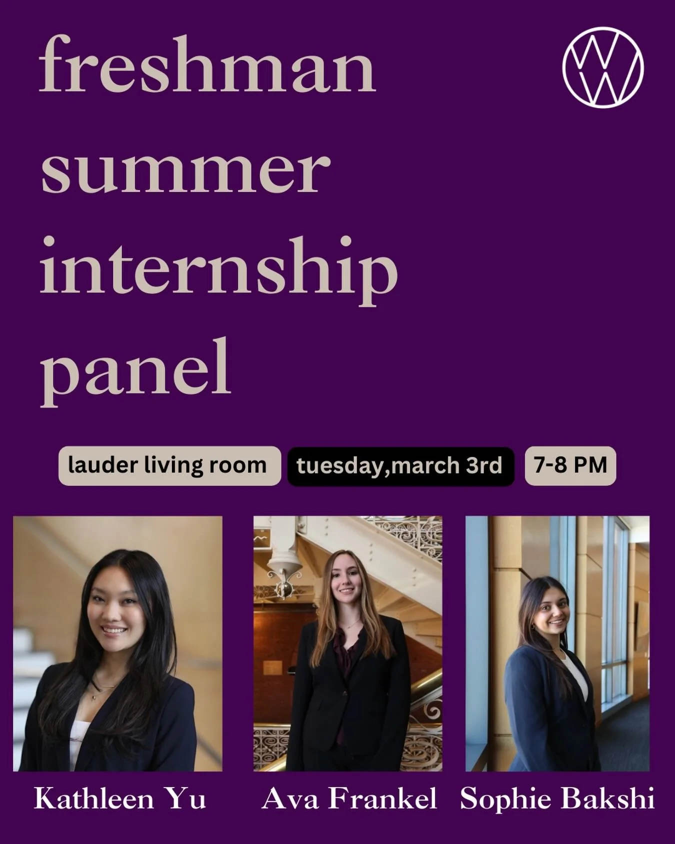 Freshman curious about what to do this summer? 👀

Join us tomorrow, March 3, for the Annual WW Freshman Internship Panel and hear from sophomores who were in your shoes last year. Featuring experiences in GRIP abroad, VC, and M&amp;A!!

RSVP in bio!