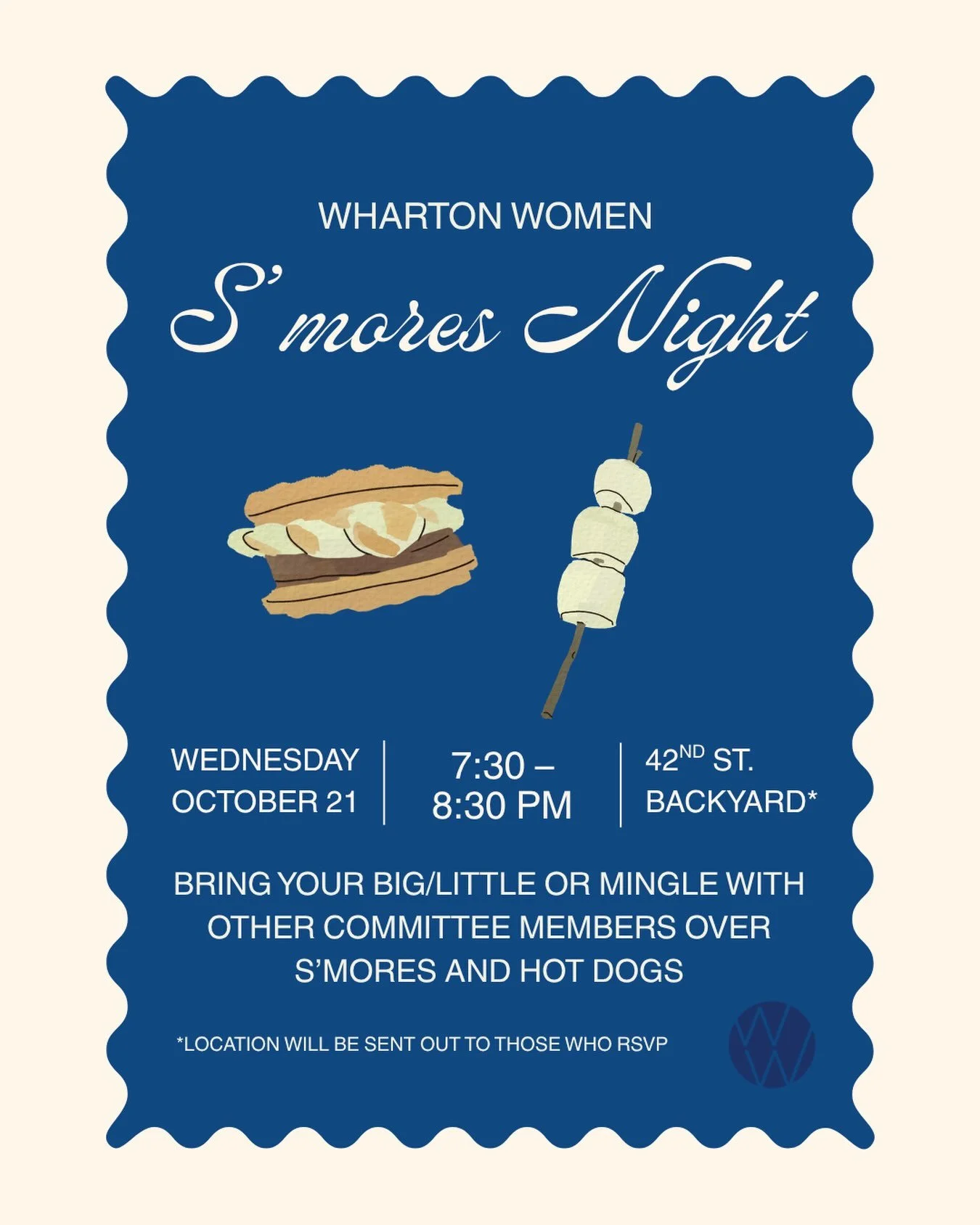 Grab your big/little or come meet other WW members across committees at Wharton Women&rsquo;s first S&rsquo;mores Night!! RSVP with link in bio to get location!