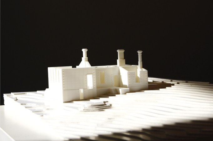 The site is modelled by hand, the structure is 3D printed