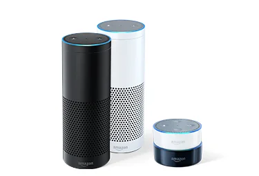 The Amazon Echo, and Echo Dot come in white and black, and are powered by Alexa. The larger Echo offers music quality sound.
