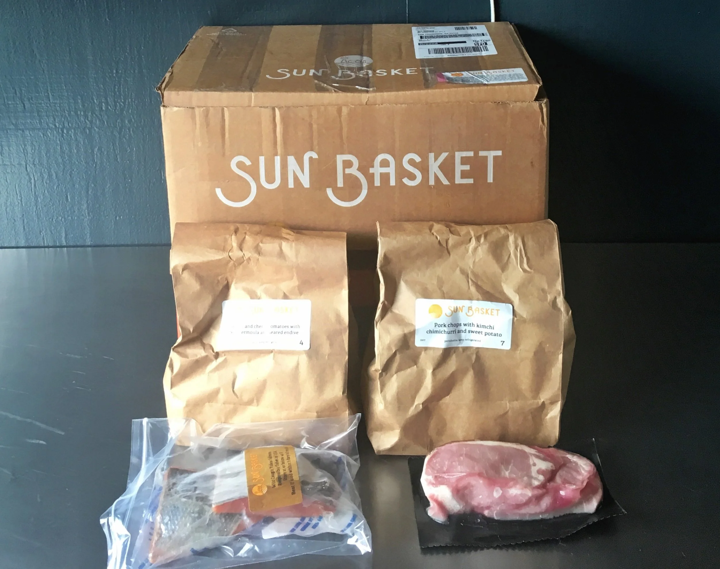 This week's box, just 2 meals due to our other evening commitments this week. Everything needed is in those brown bags, and the meat is perfectly chilled during transport.