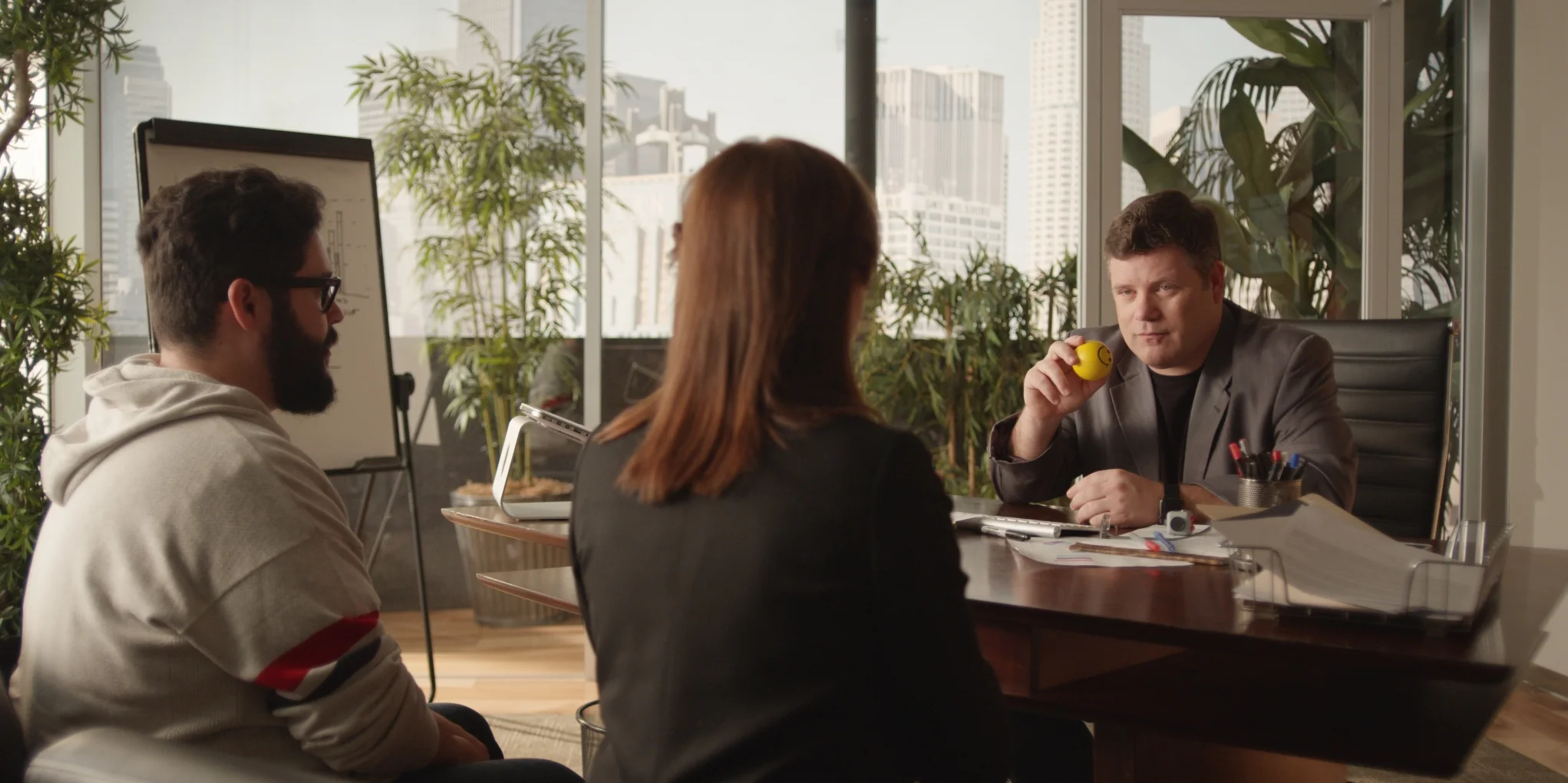 Steve Zaragoza as Paul Schue-Horyn, Mary Kate Wiles as Artemis Schue-Horyn, and Sean Astin as Lesly Stone