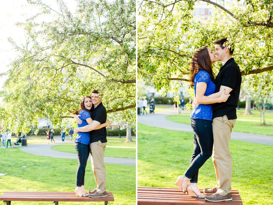 cute couple on bench at the public gardens during engagement photography