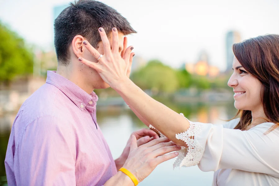 boston esplanade engagement photographer couple being fun