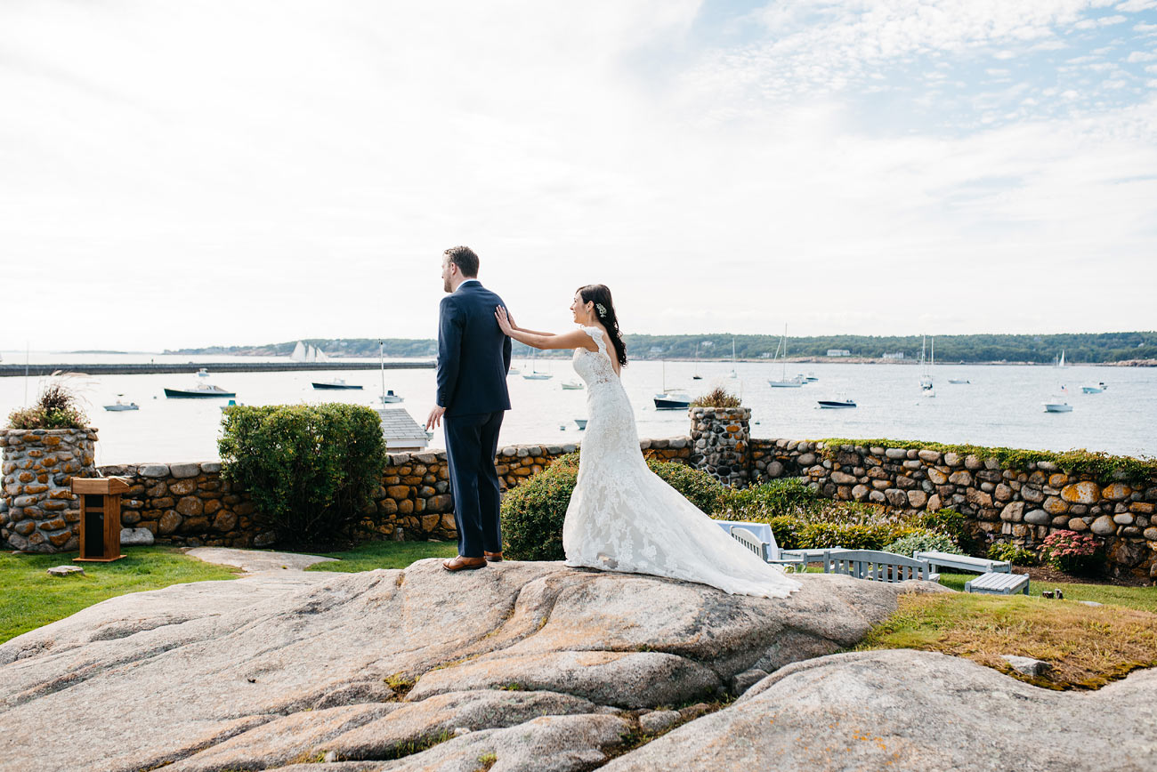 first look with the bride and groom at the eastern point yacht club in Gloucestor, MA