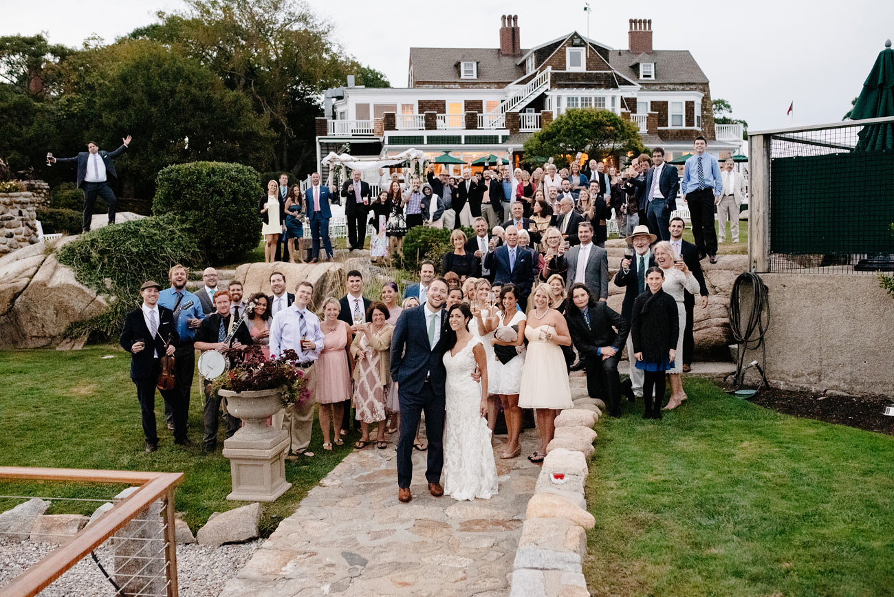 beautiful group shot of the entire wedding eastern point yacht club in Gloucestor, MA outdoor new england weddings estates