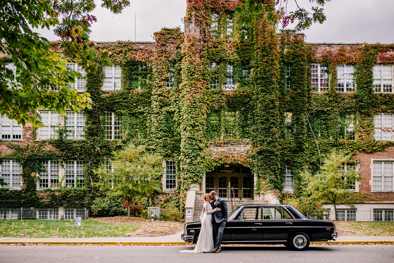 lifestyle wedding couple with vintage mercedes car at aquinas colleg