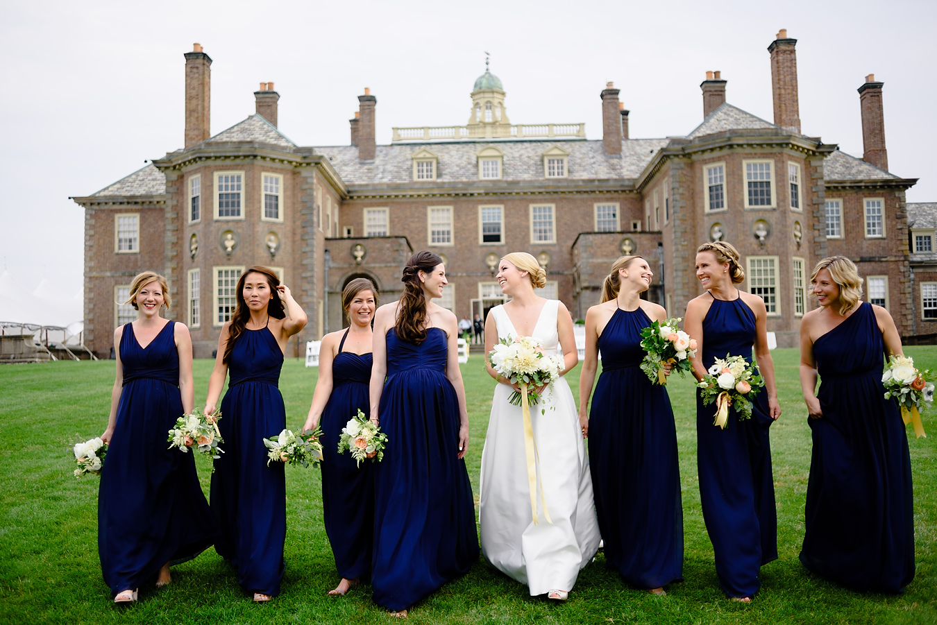 lovely bridal party walking at the crane estate