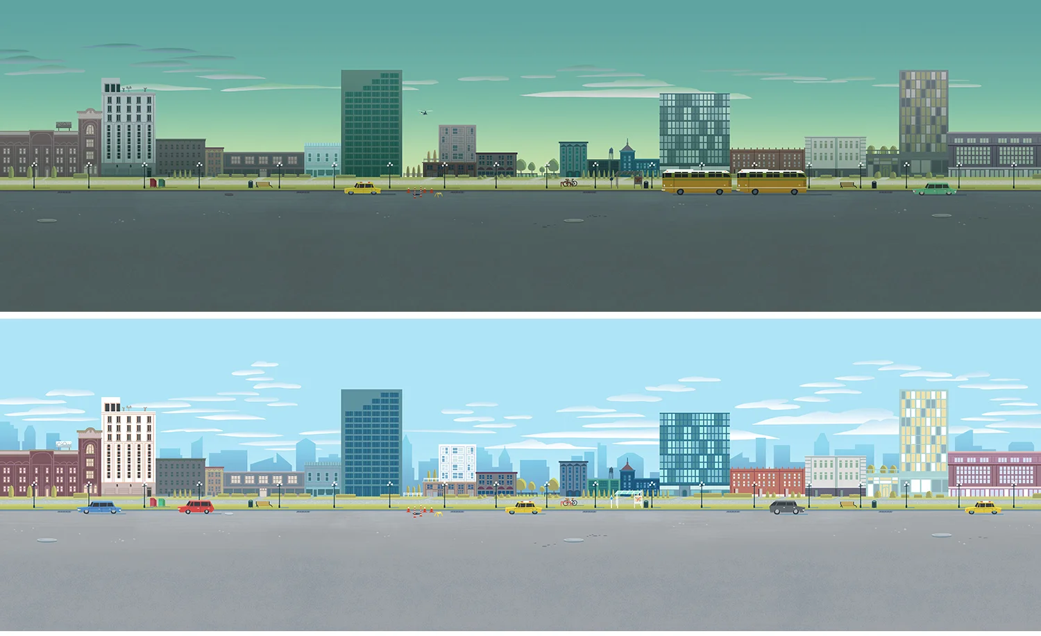 Illustrations for Google Plus project. Each scenario coordinates with four different times of day.