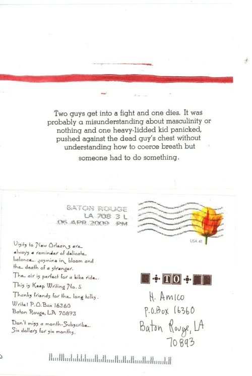 Keep Writing #5 March 2009 3 1/2 inches by 5 inches (both sides shown here). Handset type and linocut on white cardstock. Story told to my by my friend Flee.