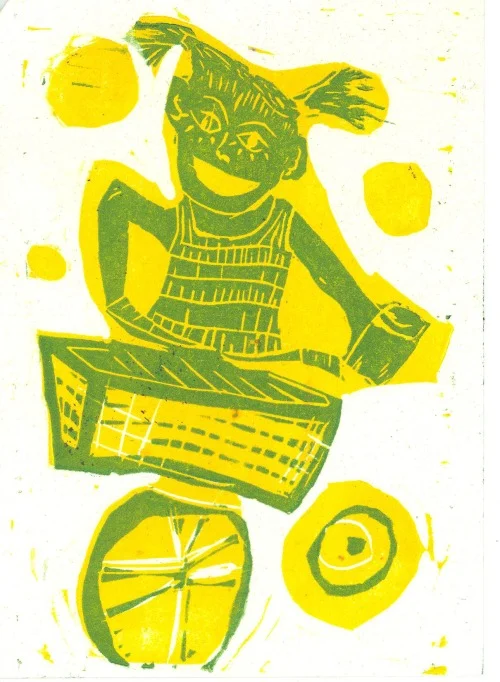 Keep Writing #9 August 2009 3 1/2 x 5 reduction woodcut, also used for a portfolio exchange of Old Maid cards.