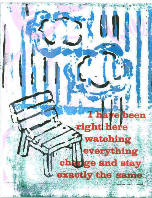 Keep Writing no. 23 October 2010. 5 1/2 by 4 inches. Silkscreen and letterpress on paper sent by Adam Ross. He was my first friend at my new high school and now he works for a paper supply company in Portland, OR. He screened the first three layers, I added a few.