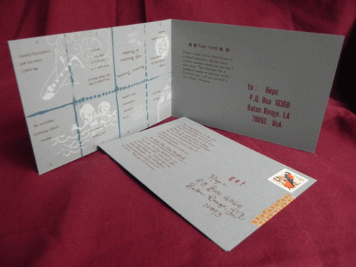 Keep Writing number 30, June 2011, 12 x 4 1/2 inches, letterpress and silkscreen. Year three postcards are interactive offering a challenge for the recipient to complete and return. This postcard is an instant book written with my sister and asks the recipient to write their own instant book with someone as a shared experience.