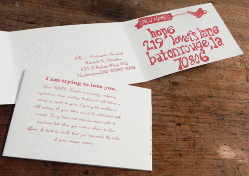 Keep Writing No.32 August 2011 18 x 4 letterpress on Frenchpaper Modtone This month I printed a postcard with my new mailing address after my university and the USPS couldn’t agree on new lease and closed my local post box along with my personal mail box. I also included a love letter to the postal service to be sent to the postmaster general and a card requesting the recipient to illustrate their favorite form of communication.