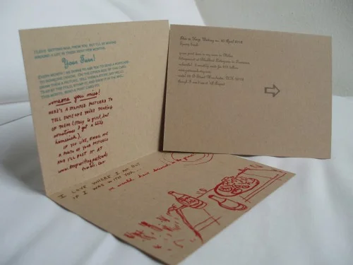Keep Writing #40 April 2012 5x8 inches (open) letterpress and gocco print on French Kraft paper. Letterpress printed in Baton Rouge, Louisiana. Gocco prints done in Milan Italy in my kitchen while my roommate studied. This month, I share a little homesickness and leave half blank for you to tell someone you miss them.