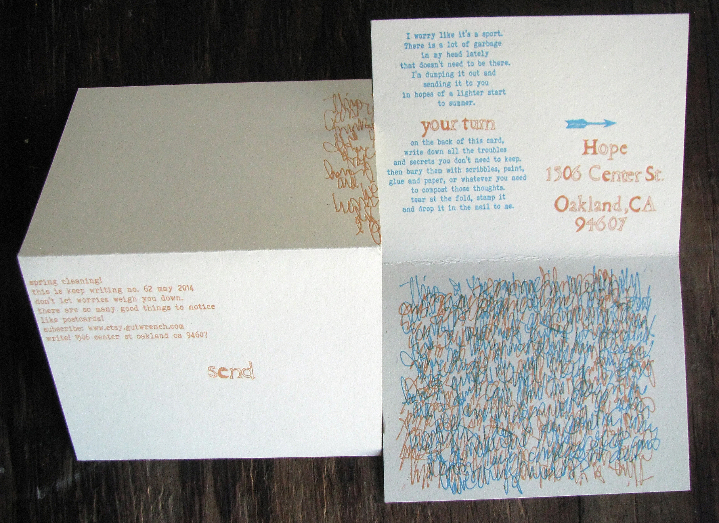 Keep Writing number 62 Orange and blue on pale yellow french paper. Spring cleaning of the mind--write down all the thoughts you can't get out of your head.