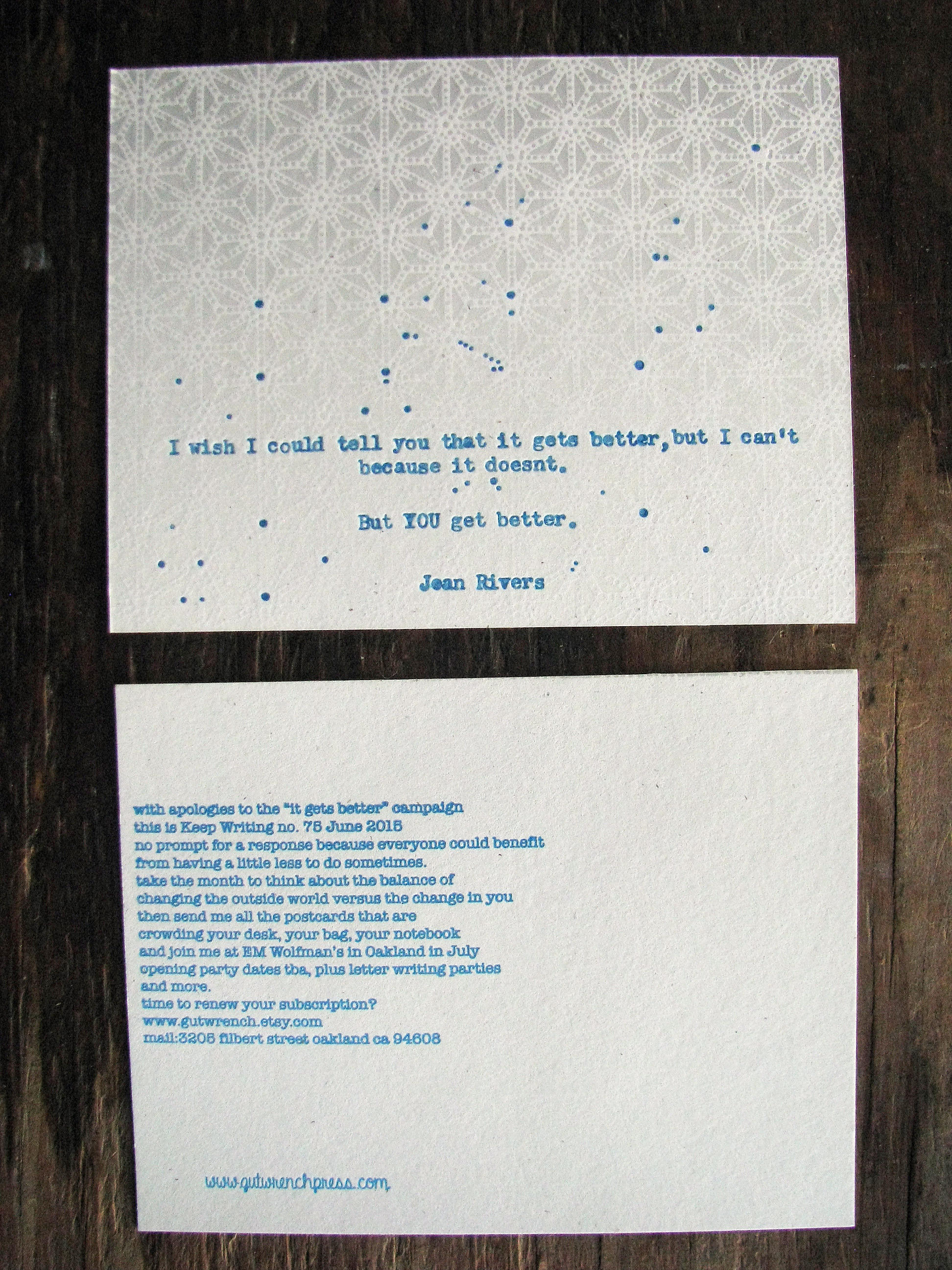 Keep Writing number 75 June 2015 Fluorescent blue and grey on white, with a quote from Joan Rivers