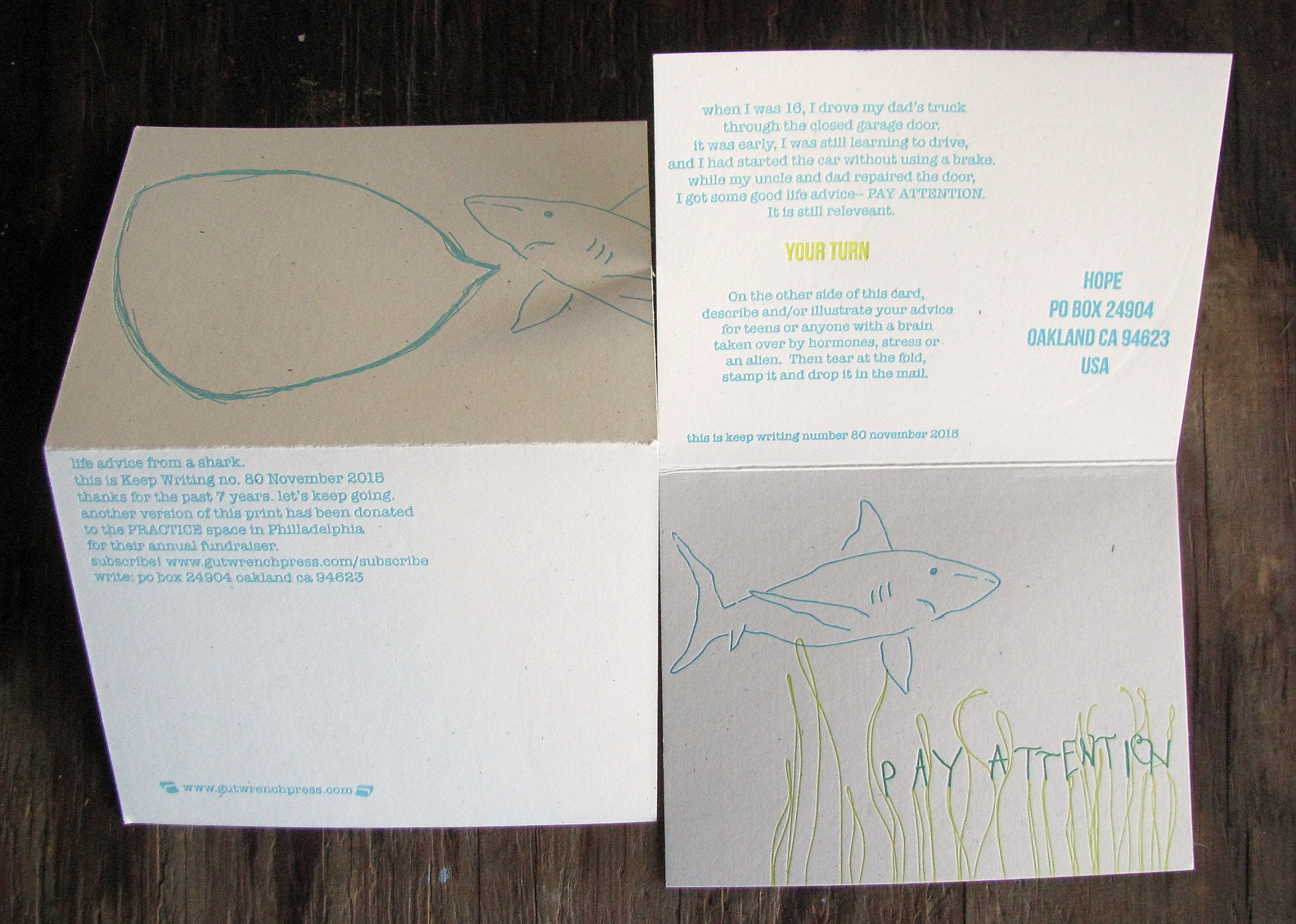 Keep Writing number 80, November 2015 lime green and teal on French Madero Paper. Advice to teens.