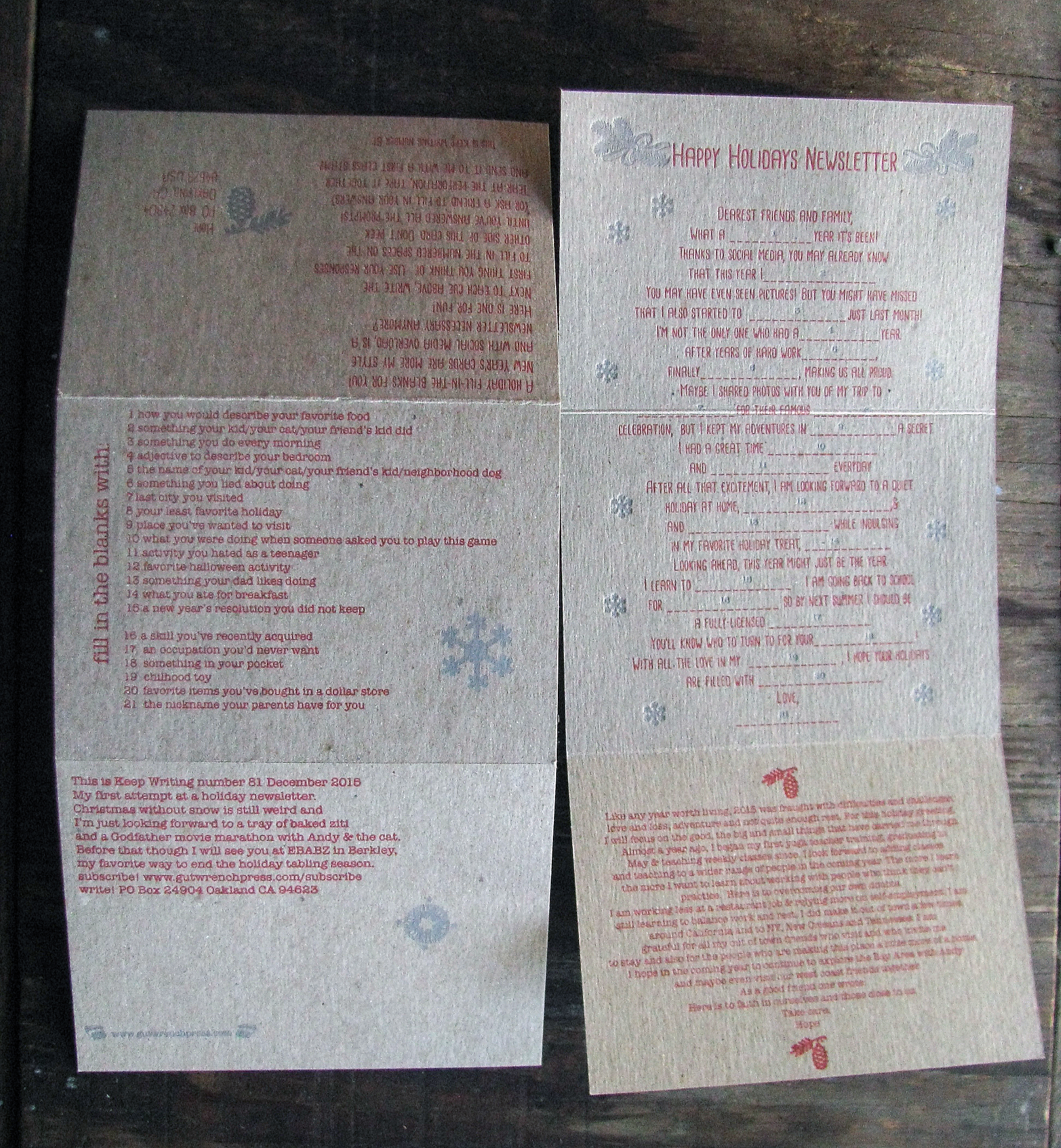 Keep Writing number 81 December 2015 Red and silver on chip. Holiday-fill-in-the-blank newsletter.