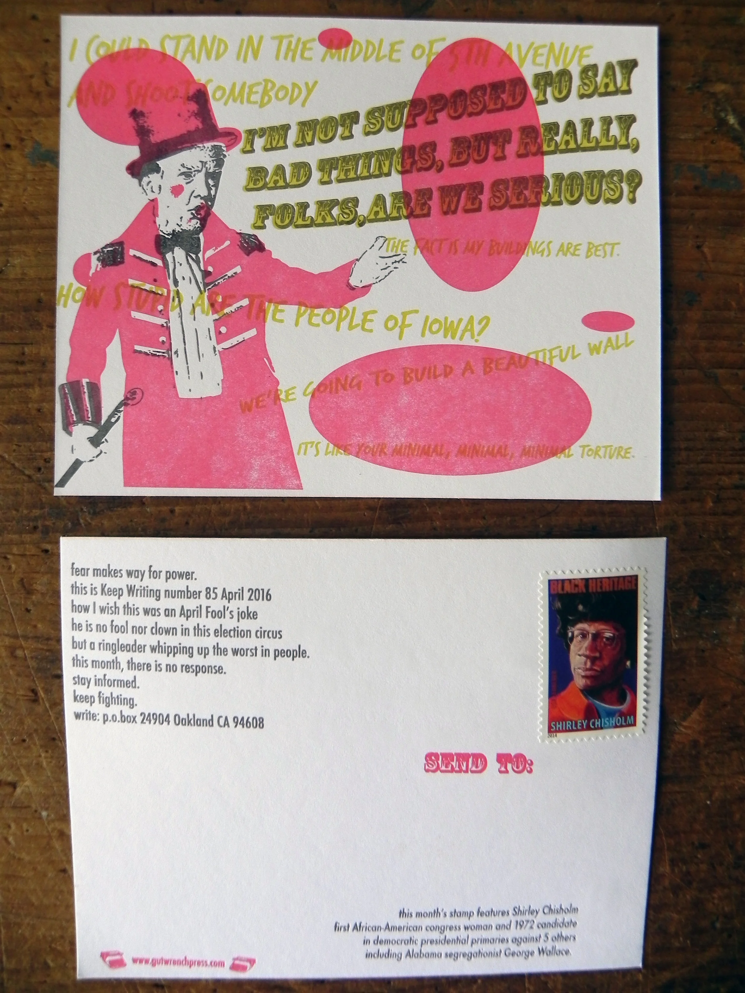 Keep Writing number 85 April 2016 Red and lime on Lettra. Ringleader of the Circus.