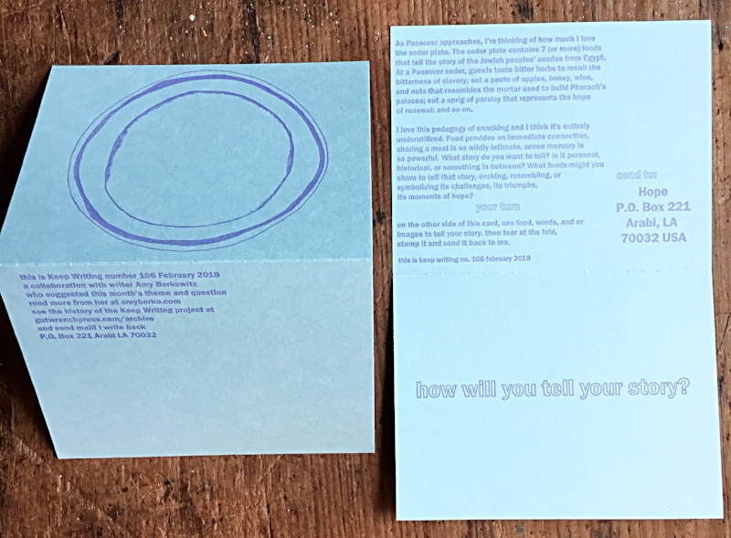 Keep Writing number 106 sent February 2018. words and concept by Amy Berkowitz. Plate illustration and design by Hope Amico/gutwrench press