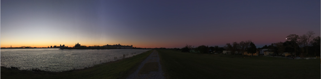 Walks on the levee at dusk. Or at the park. This is a photo I took on the winter solstice with the sun setting and the full moon rising on the bank of the Mississippi.