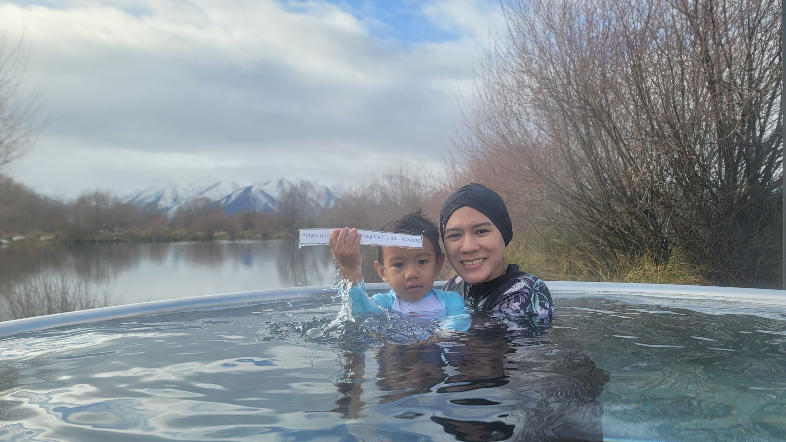  This experience - a hot tub in the snow - was so magical. Daniel loved it so much that he didn’t want to leave.  And yup, that was the signage for sanitary pad bin that Daniel took with him to the tub. 