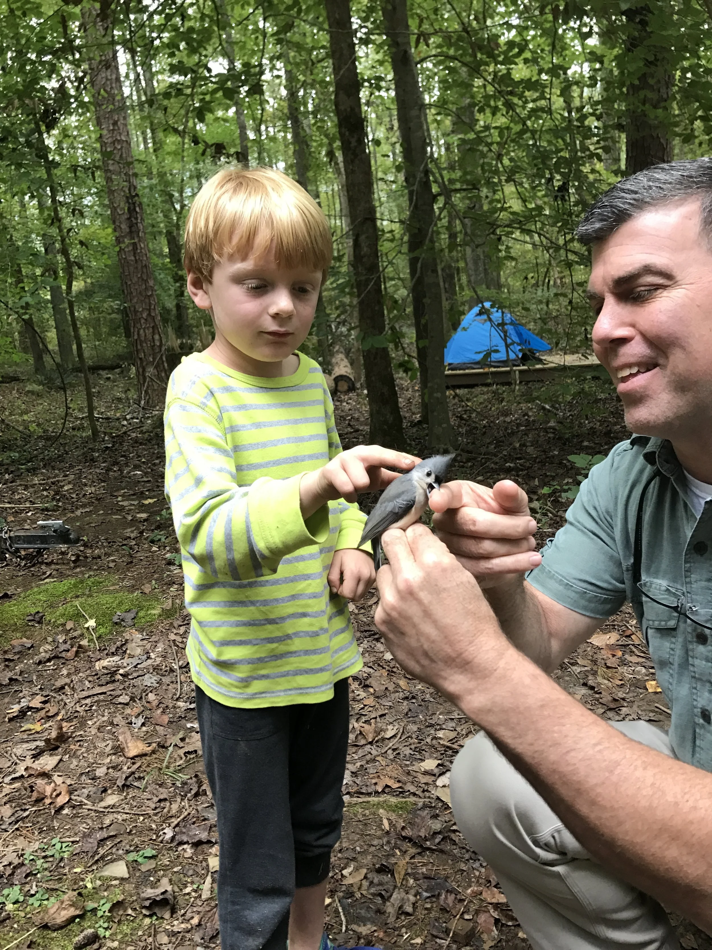  Executive Director, Rick Huffines, showing off a Tufted Titmouse to a curious visitor