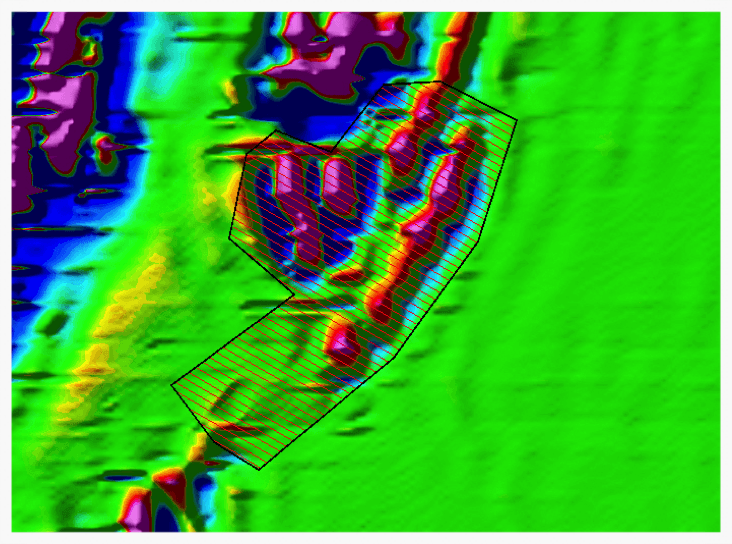 Survey Design – example of ground magnetics survey line plan over an iron ore deposit.