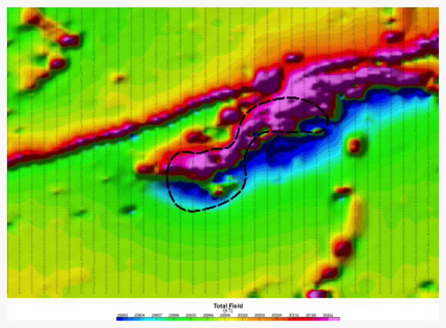 Total field magnetic data with the spectral anomaly overlaid.