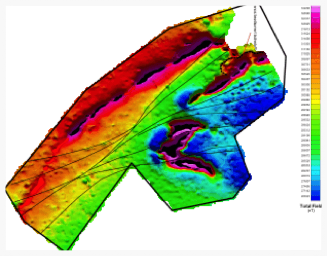 Ground magnetics results, reduced-to-the-pole (RTP). BIF in black and hematite in red.