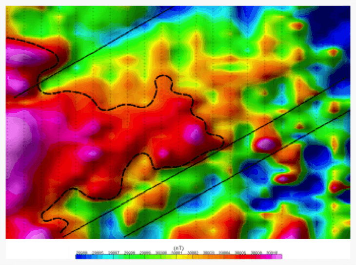 Total field magnetics from the North Block survey with interpretation overlaid. A number of shallow NW-trending linear structures are evident which may be of importance. The outline of a deep-seated basement feature is also shown.