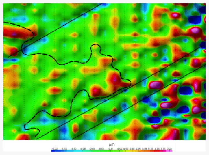1VD of the ground magnetics with interpretation overlaid. Only the NW structures show.