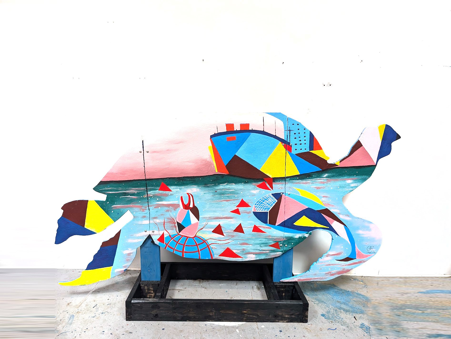 Mystic Aquarium Sea Turtle Painting / Sculpture: Acrylic on Plywood 82"x45"x1.5", 2024