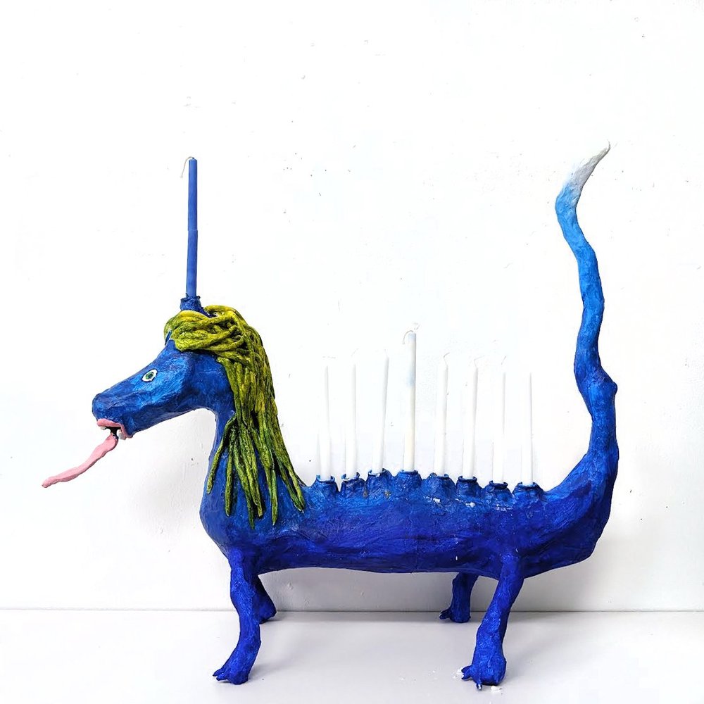 Artist Menora, 18" x 18". Paper Mache, Flashe, and Acrylic, 2023