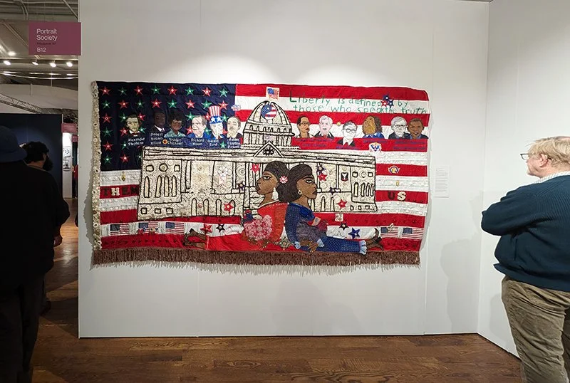 Della Wells and Anne Grgich, Them! Us!  American flag, Stitching, found objects, 60 x 110 Inches 2026