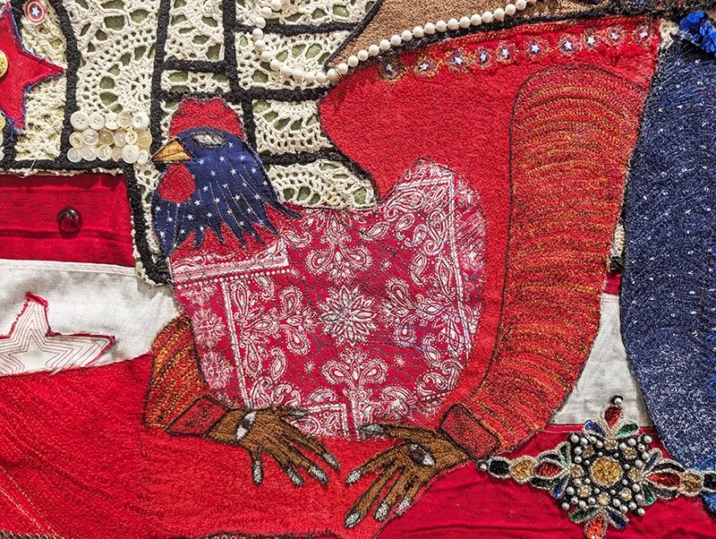 DETAIL: Della Wells and Anne Grgich, Them! Us!  American flag, Stitching, found objects, 60 x 110 Inches 2026