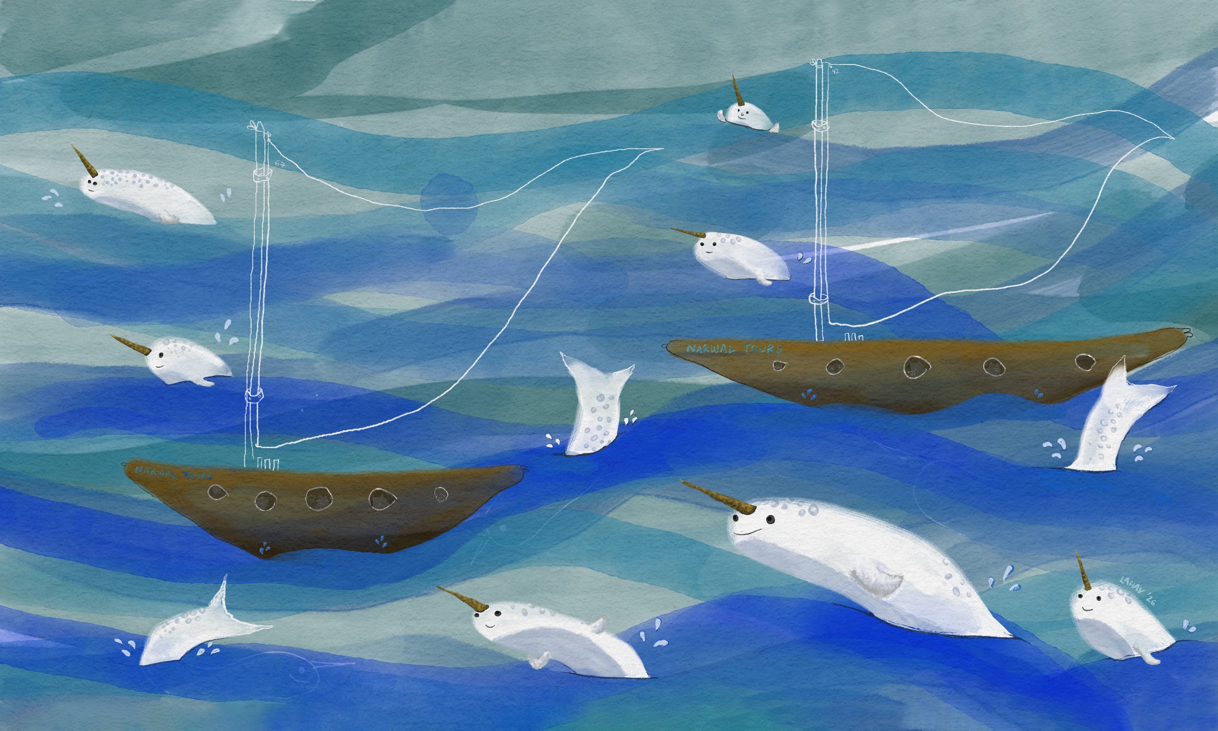 Playful narwhal character illustration by Jac Lahav for publishing and licensing