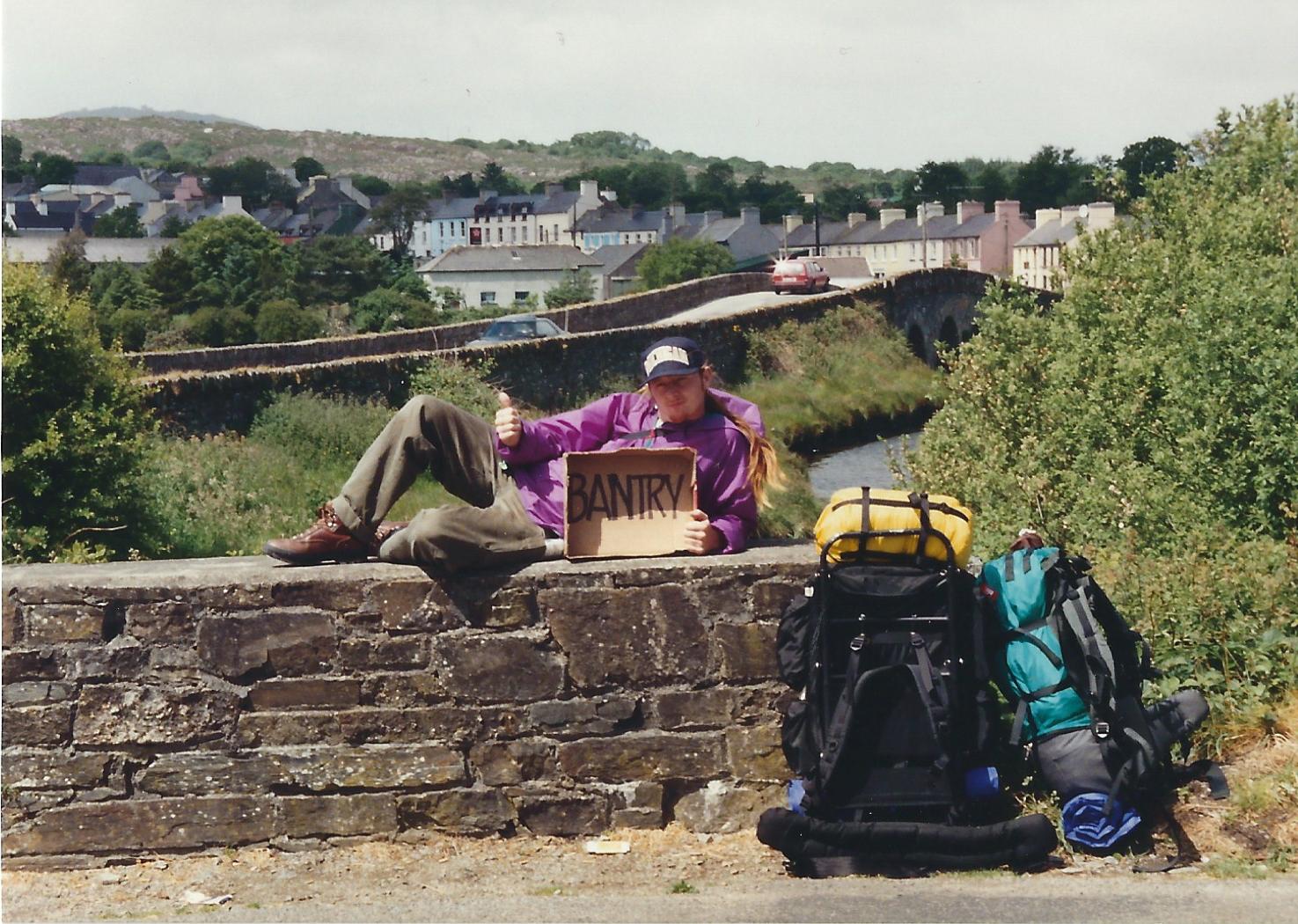 Hitching a ride near Ballydehob, West Cork, June 1991. Meredith and I backpacked around Ireland, Scotland, and northern England before returning to Wales.