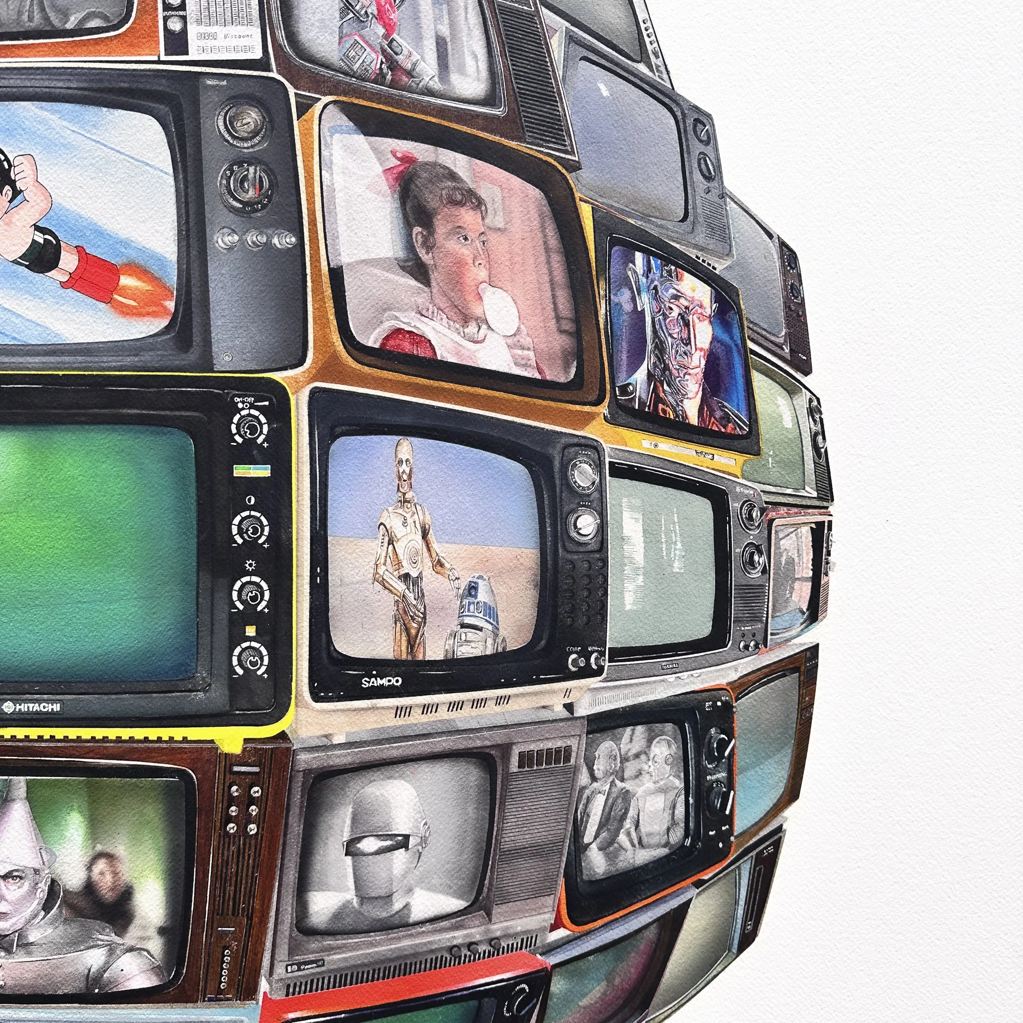 Panopticopias #10, 2025 · Detail · Watercolor on paper · Television screens