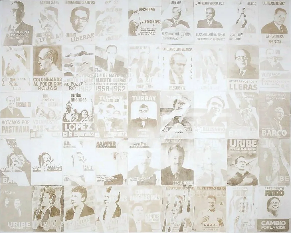 1 / 5
Mordiendo Polvo, 2024 · Presidential campaign posters · Gum bichromate prints with collected dust · Complete wall: 243 × 250 cm / 95.67 × 98.43 in