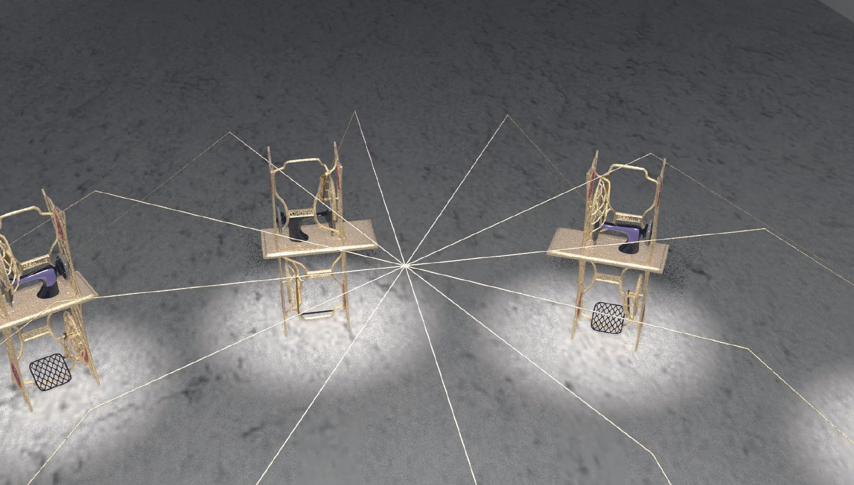 Hilo Vano · Threads converging at the centre of the room. Digital study, 2022.