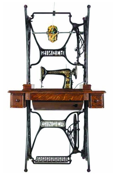 Earlier sewing-machine study · Memories Are Stitched with Love. Frontal study reproduced in the artist’s Casa Tres Patios research proposal, 2019. Archival image.
