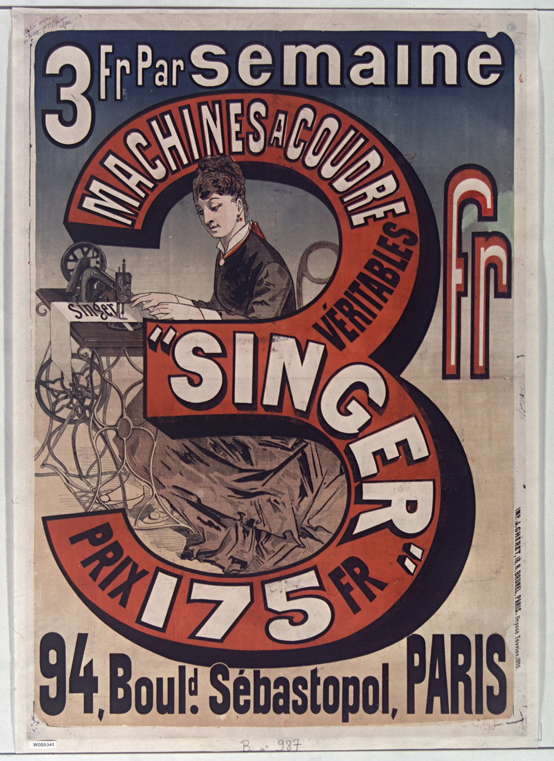 Historical reference · Jules Chéret, Singer sewing-machine advertisement, 1876. Bibliothèque nationale de France / Gallica, btv1b9015723j. Public-domain reproduction via Wikimedia Commons.