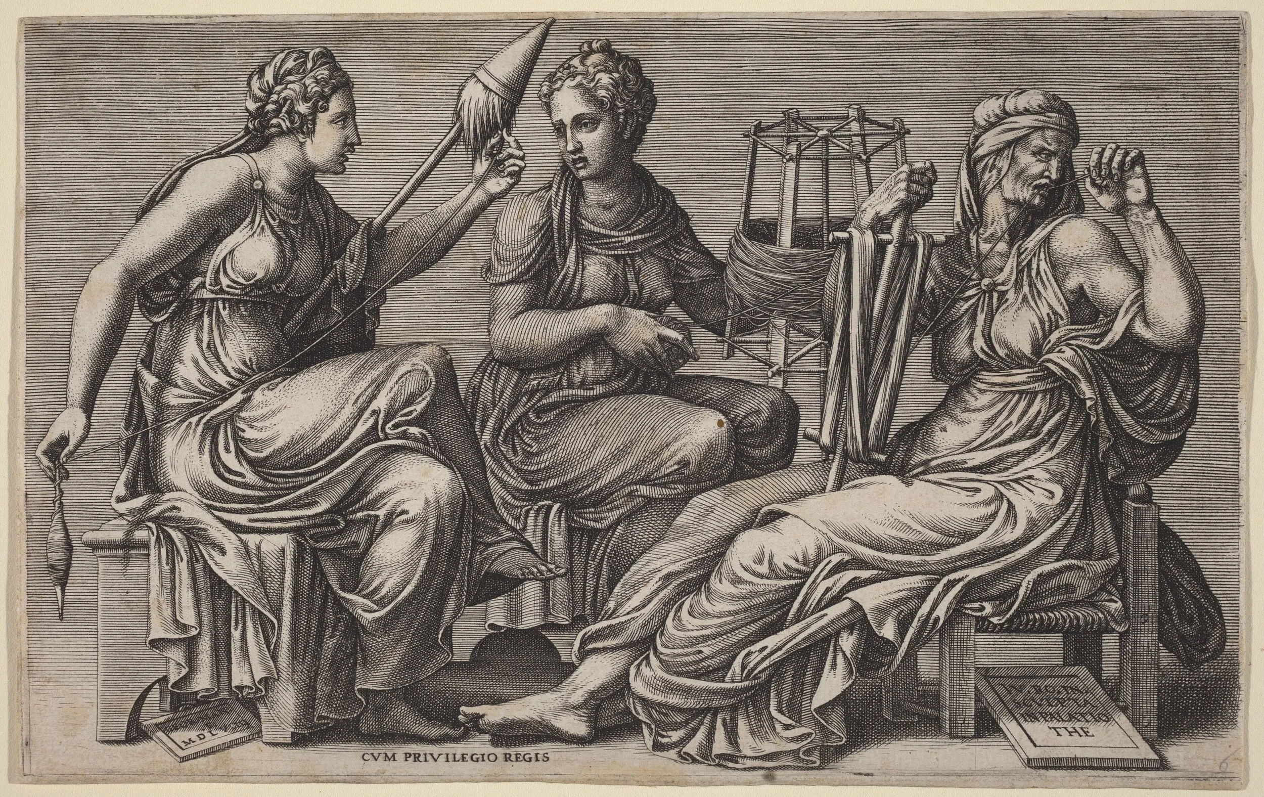 Historical reference · Giorgio Ghisi, after Giulio Romano, The Three Fates, 1558. Engraving on laid paper. National Gallery of Art, Rosenwald Collection, 1964.8.1032. Public domain.