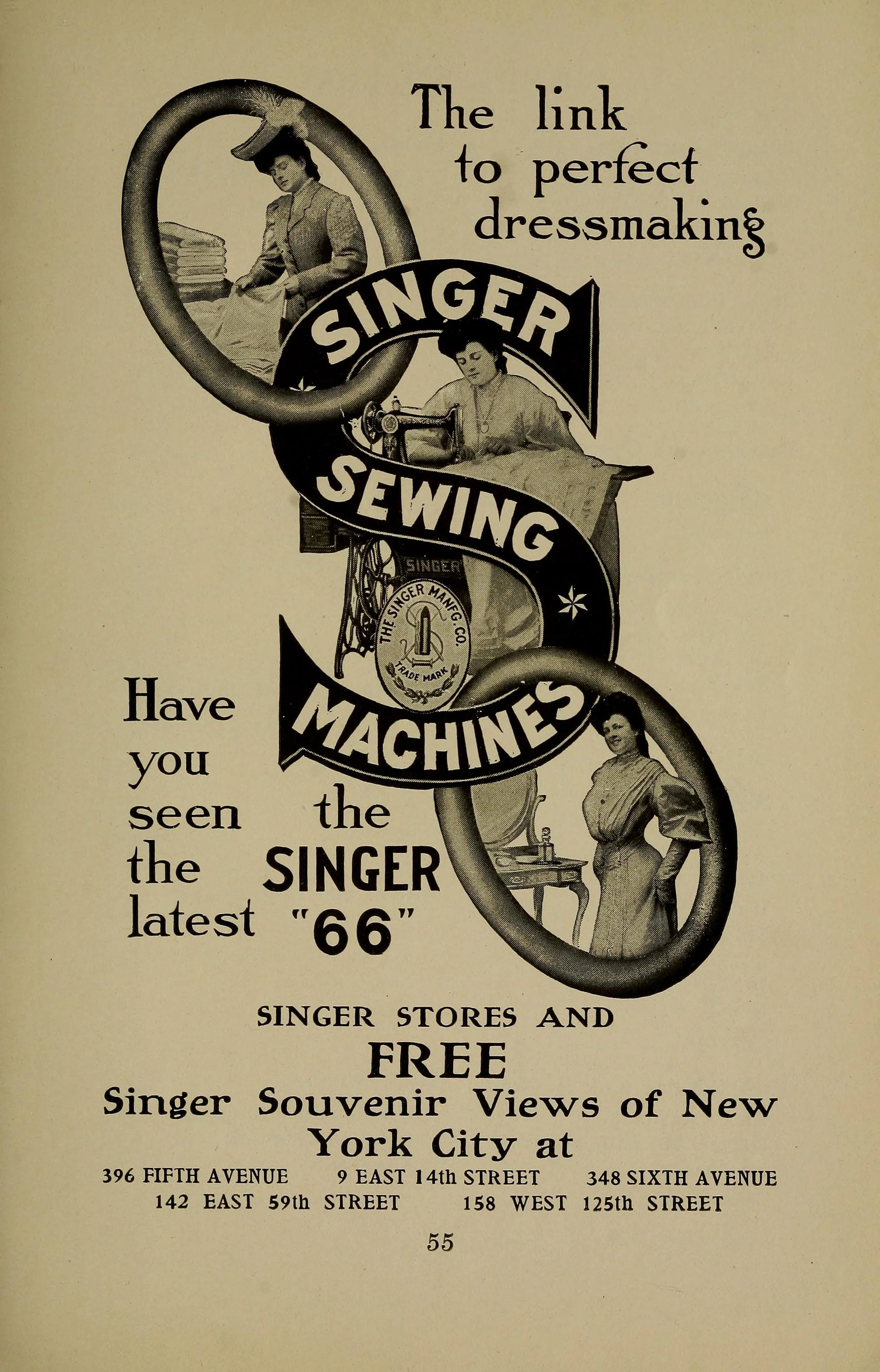 Historical reference · “Have you seen the latest Singer 66?”, 1910. Advertisement in Palatial Homes in the City of New York. Library of Congress / Internet Archive Book Images. No known copyright restrictions.