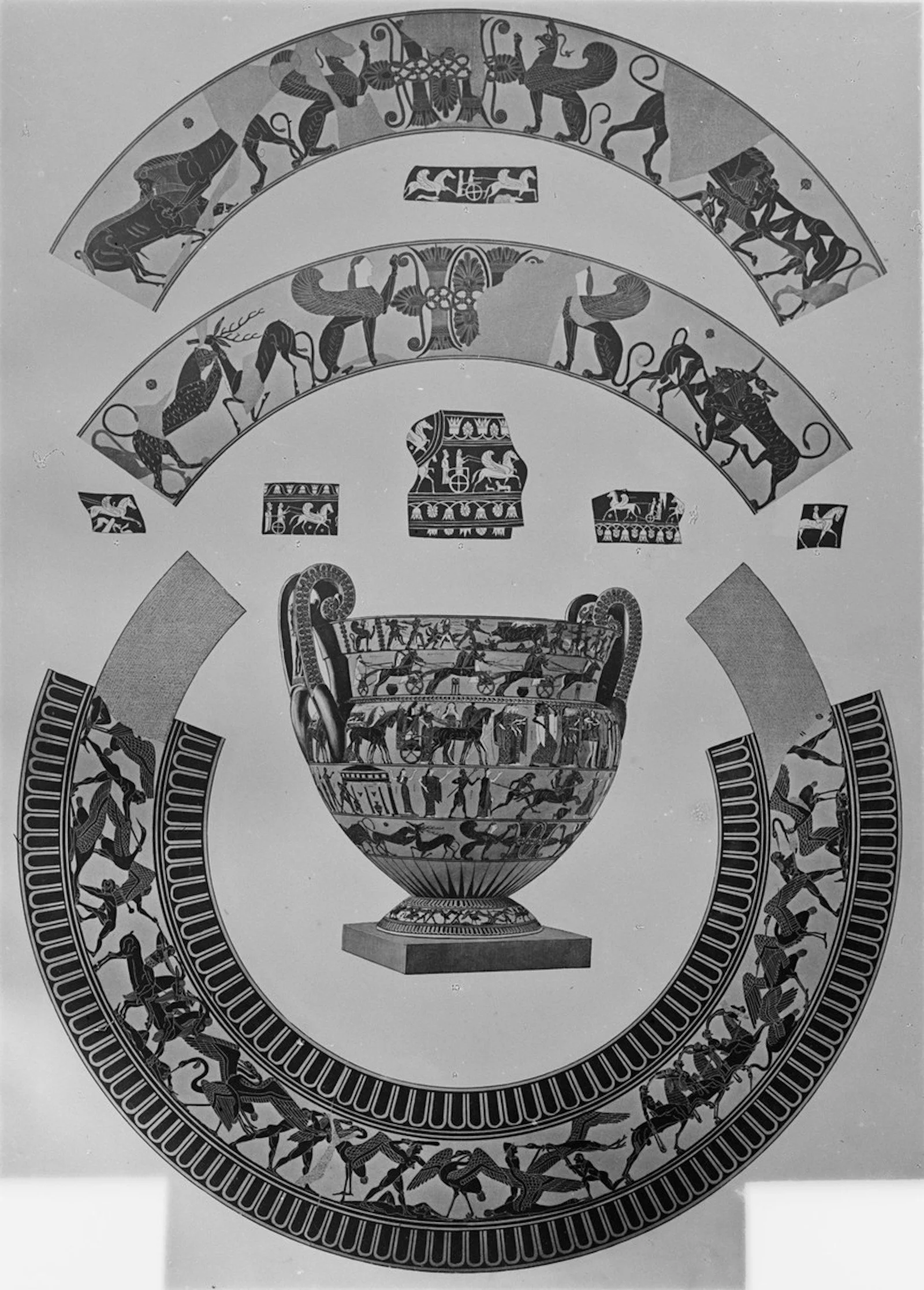 Historical reference · François Vase, ca. 570–565 BCE, by Ergotimos and Kleitias, Museo Archeologico Nazionale, Florence. Historical drawing, ca. 1895–1920, artist unknown; Bildindex / Wikimedia Commons. Public-domain reproduction. Overall vessel and