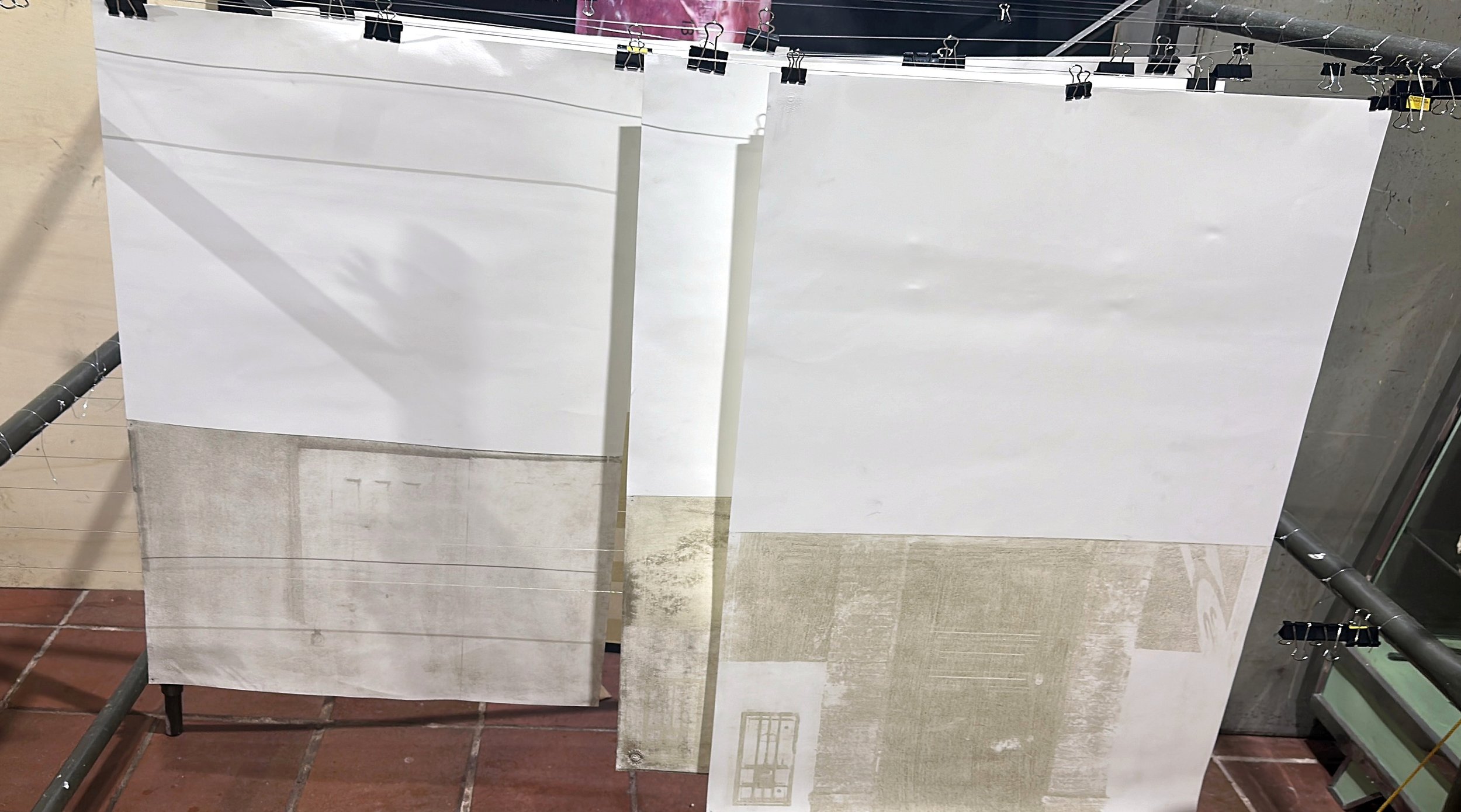 Material process · Experimental photographic prints drying in the studio · Bogotá, Colombia, 2024