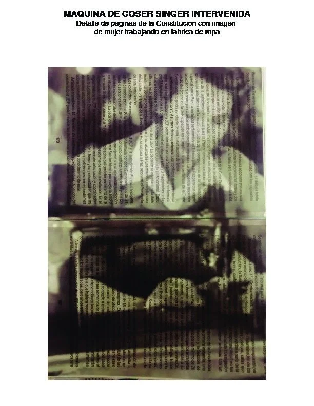 Earlier sewing-machine study · Memories Are Stitched with Love. Printed leaves from the Political Constitution of Colombia carrying an image of a woman working in a clothing factory. Research archive, 2019.