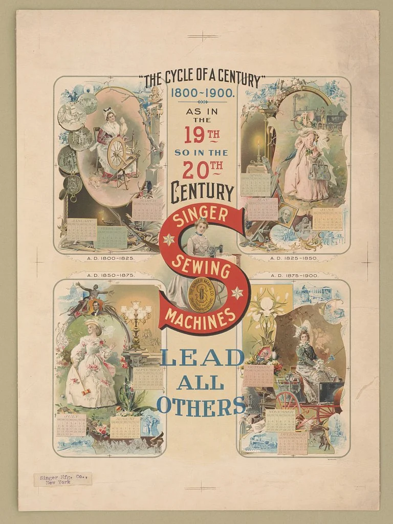 Historical reference · “The Cycle of a Century”, 1800–1900. Singer advertising print. Library of Congress, LCCN 2003666948. No known restrictions on publication.